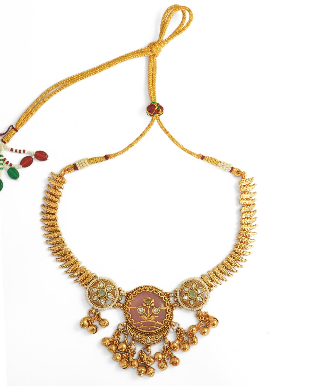 Rajwadi Gold-Plated Pink Stone Leaf-Shaped Necklace & Earrings