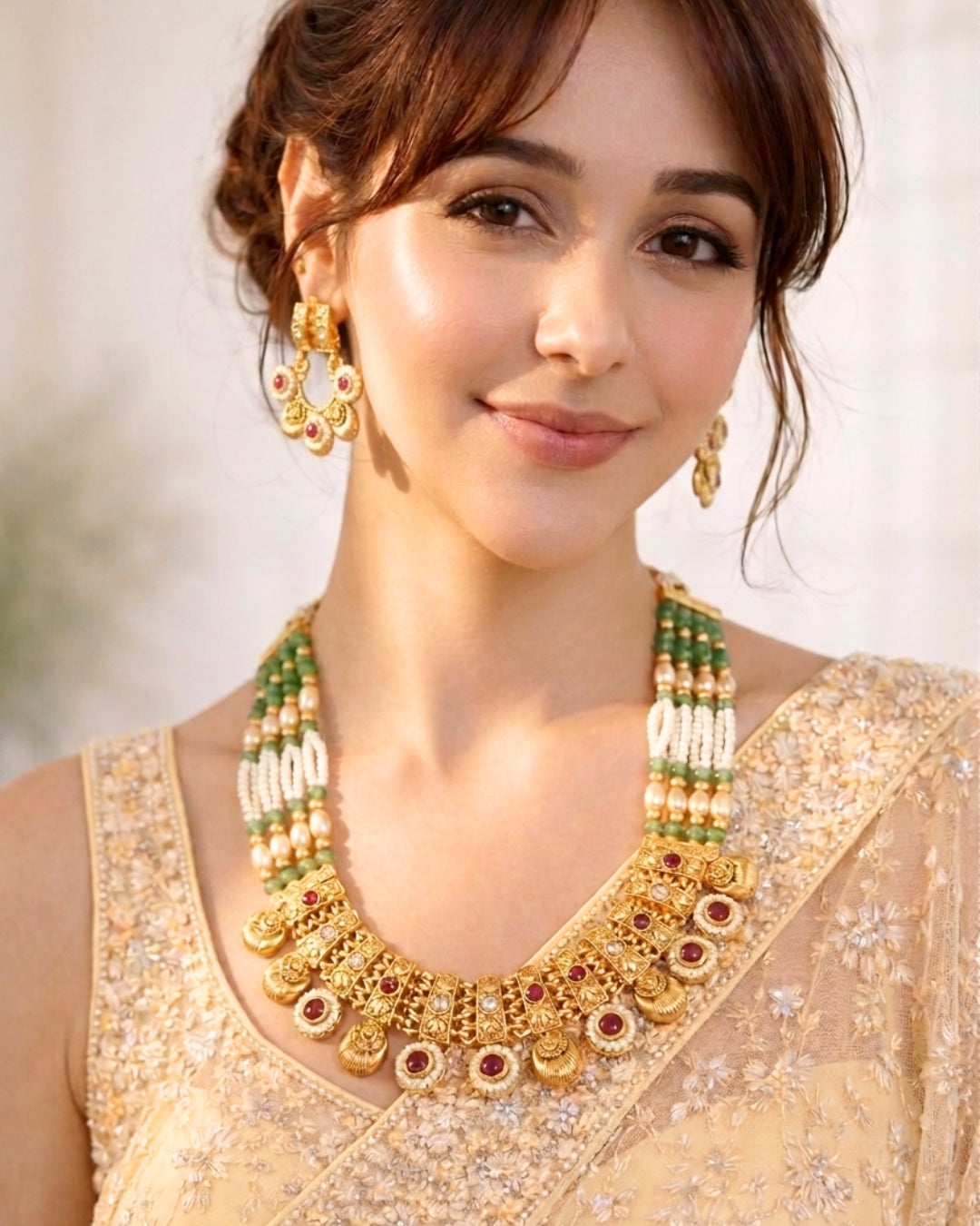 Gold-Plated Stone & Mint Green Beaded Multilayer Necklace & Earrings