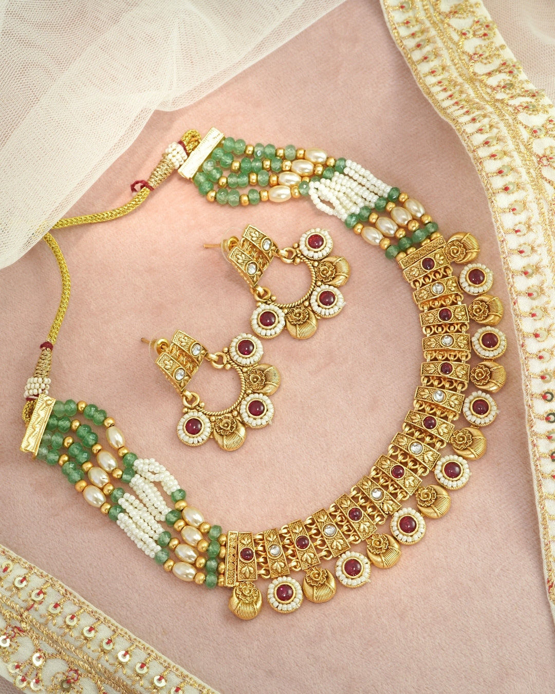 Gold-Plated Stone & Mint Green Beaded Multilayer Necklace & Earrings