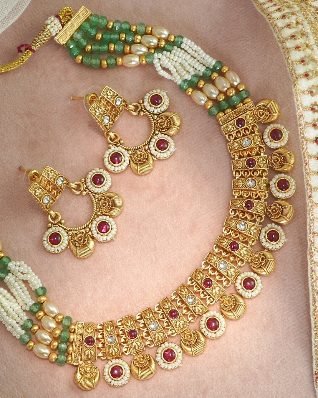 Gold-Plated Stone & Mint Green Beaded Multilayer Necklace & Earrings