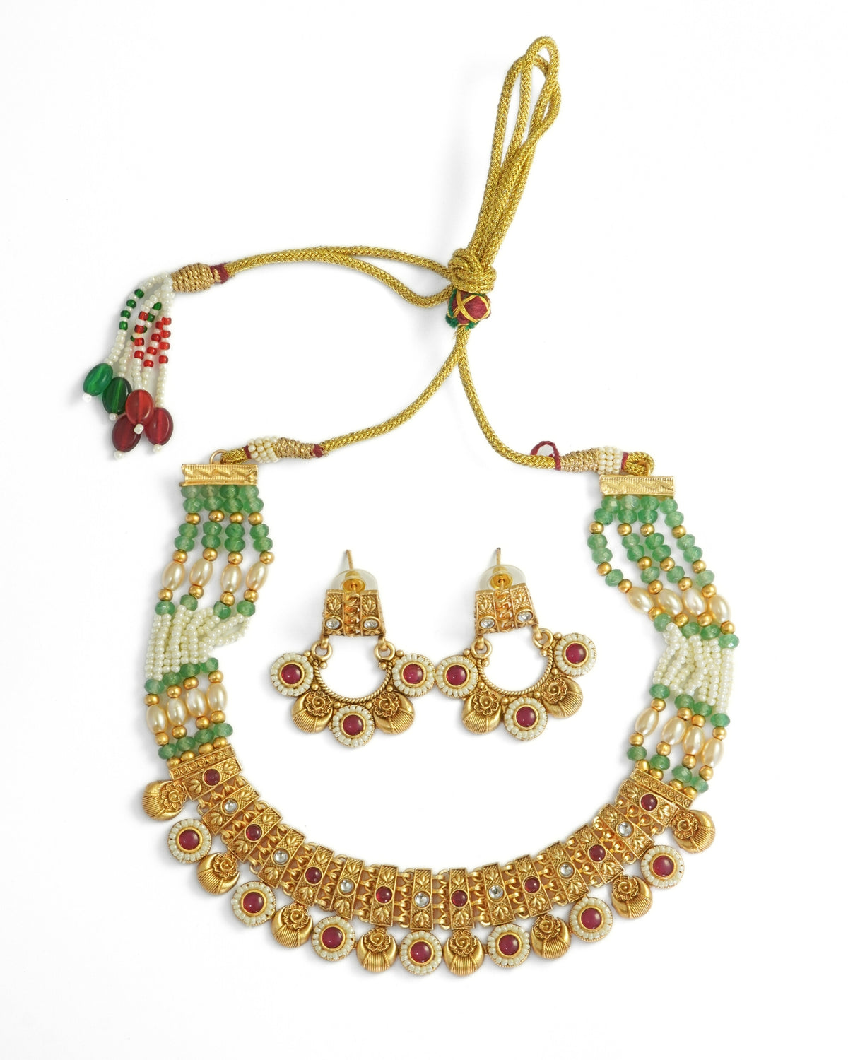 Gold-Plated Stone & Mint Green Beaded Multilayer Necklace & Earrings