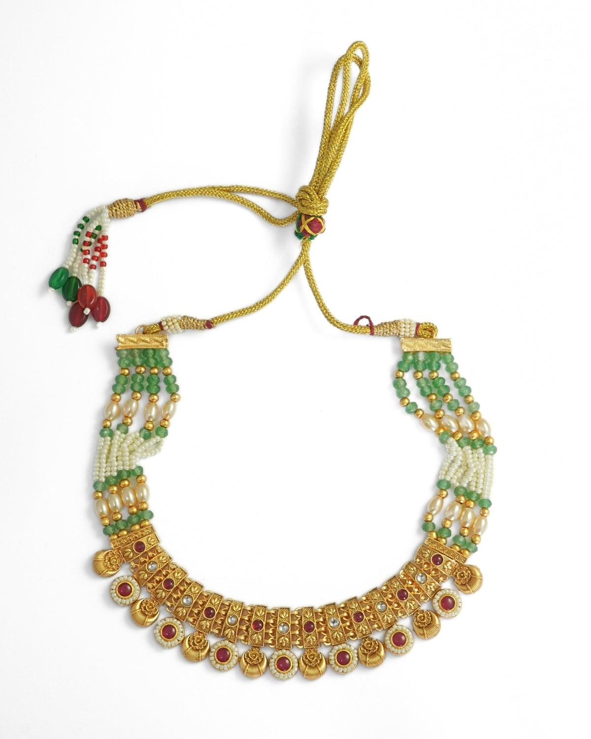 Gold-Plated Stone & Mint Green Beaded Multilayer Necklace & Earrings