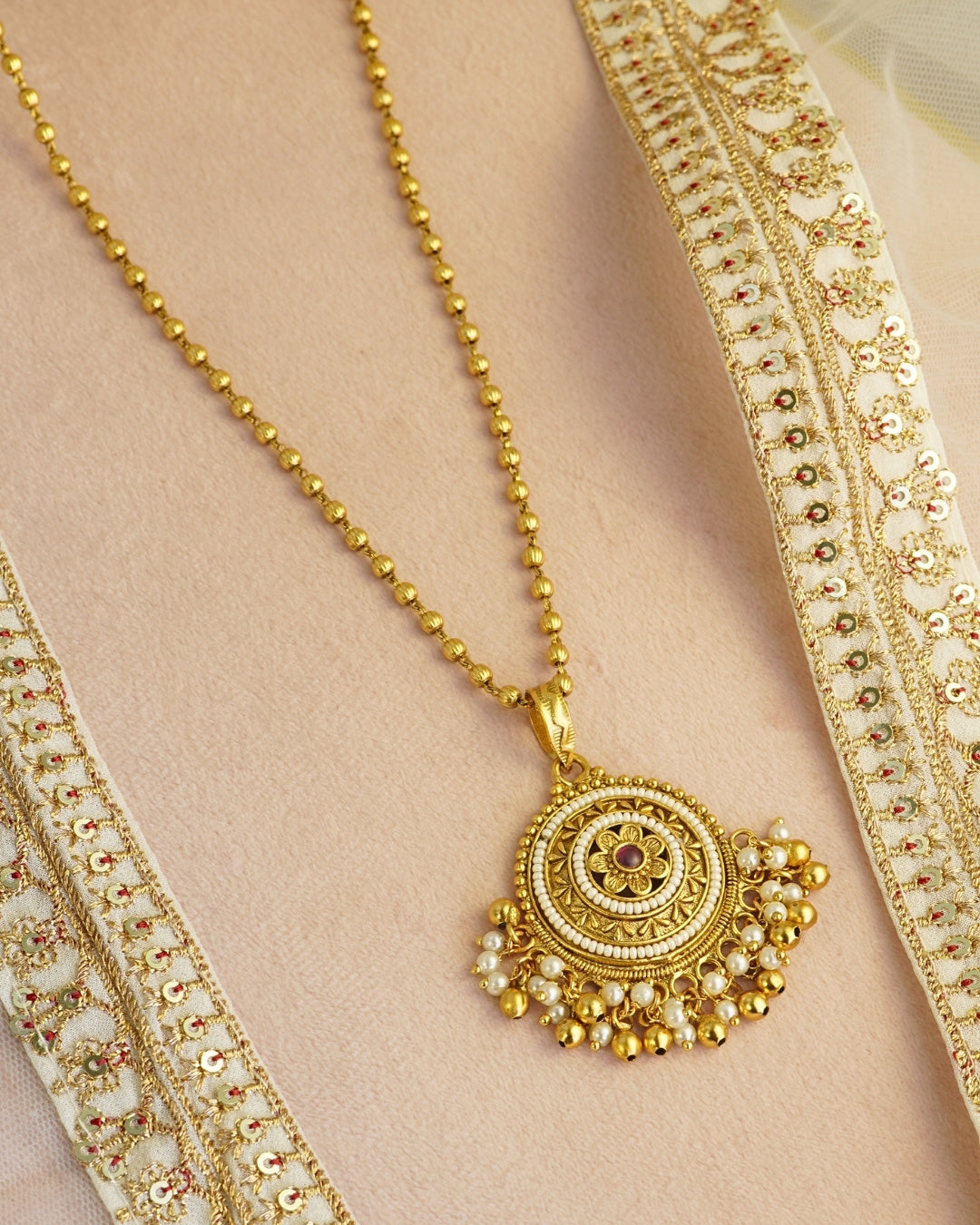 Antique Gold-Plated Beaded Necklace with Round Pendant