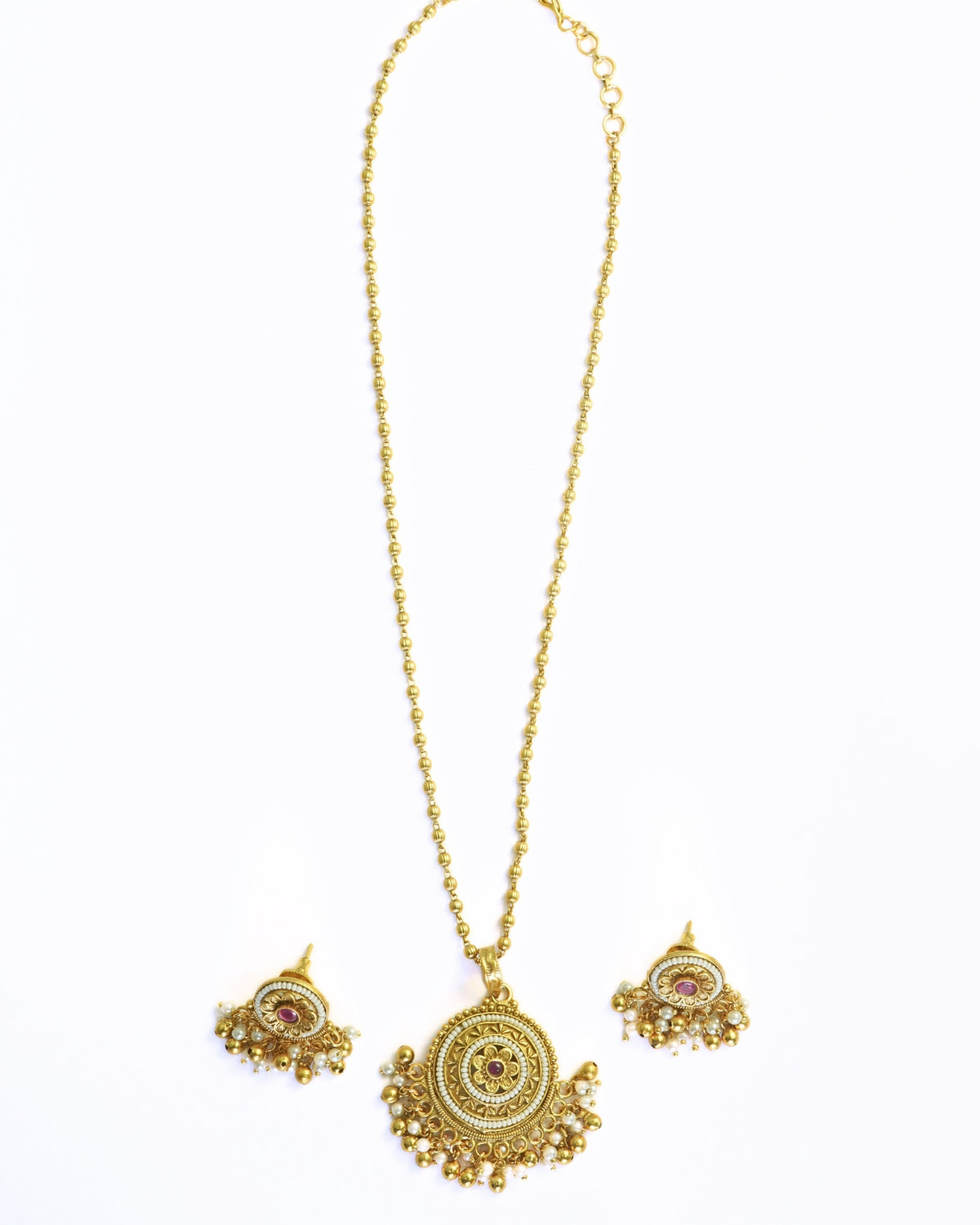 Antique Gold-Plated Beaded Necklace with Round Pendant