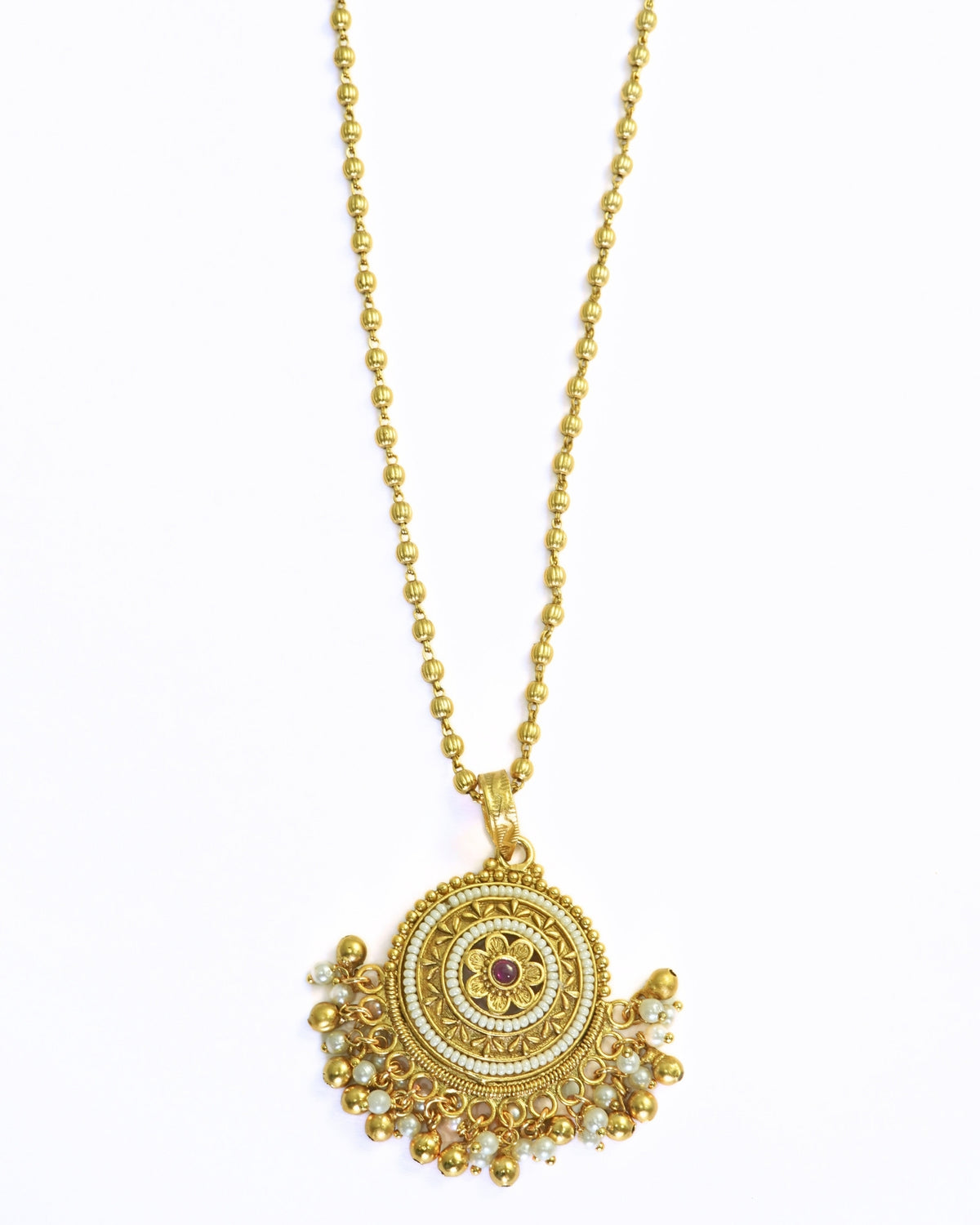 Antique Gold-Plated Beaded Necklace with Round Pendant