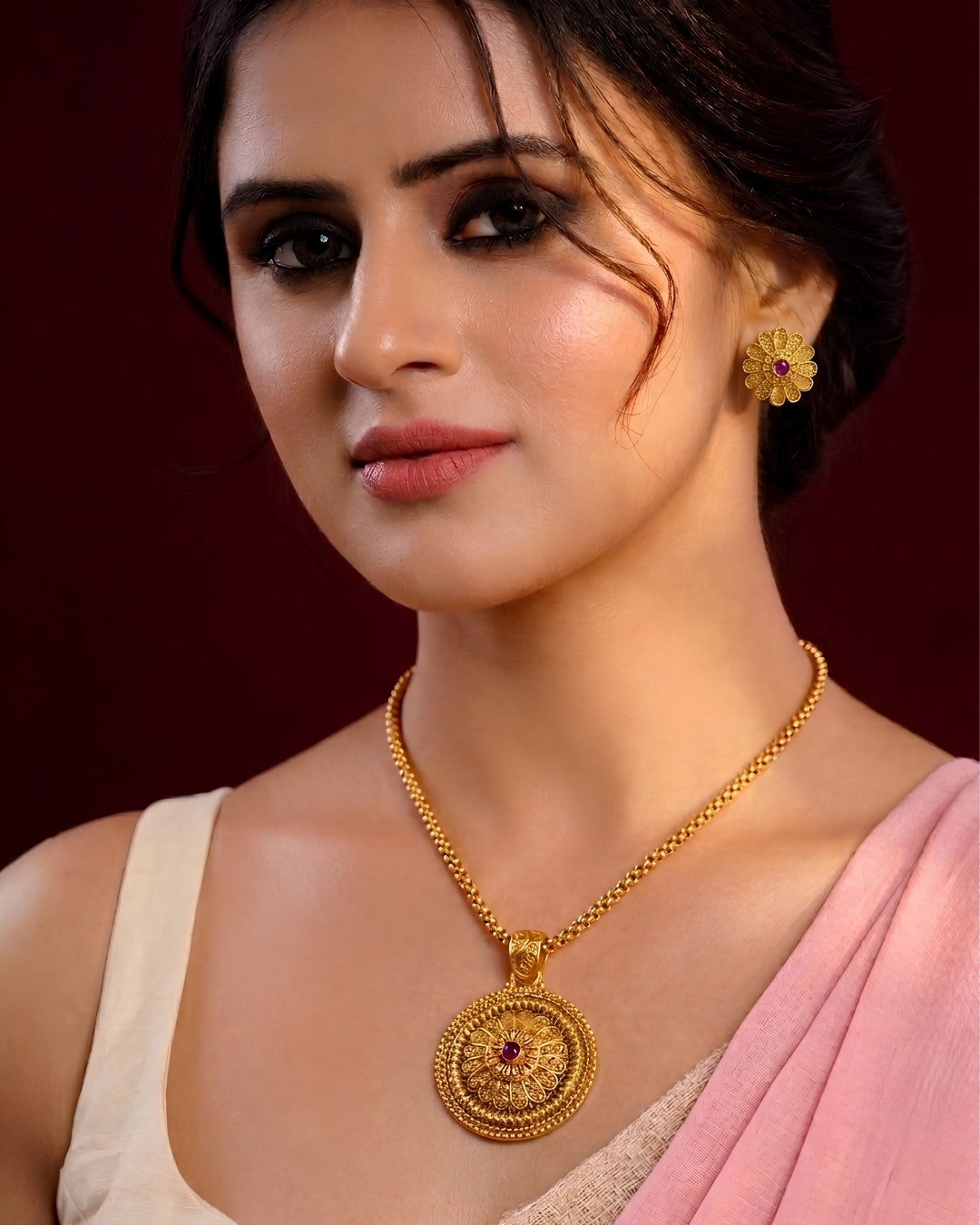 Round Ruby Stone Gold-Plated Pendant Necklace Set