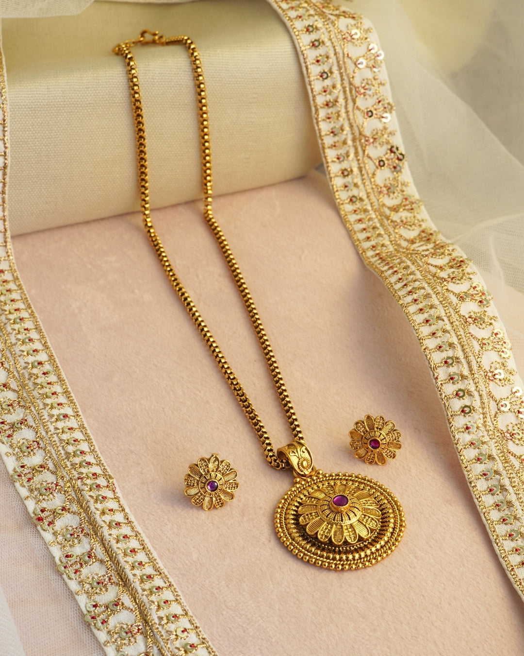 Round Ruby Stone Gold-Plated Pendant Necklace Set