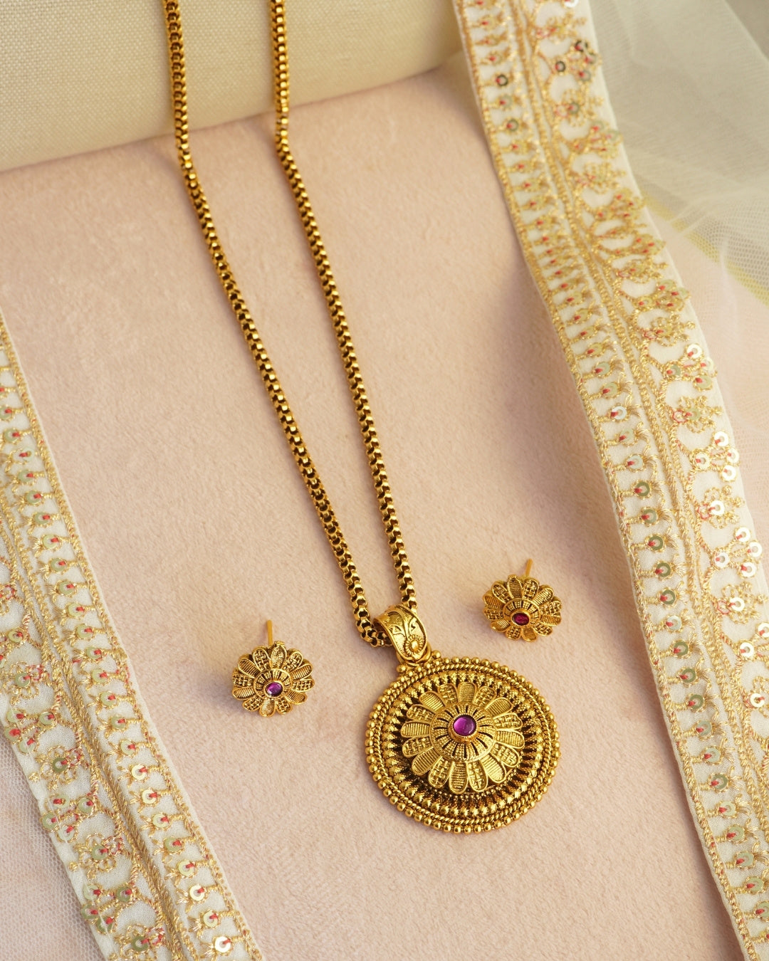 Round Ruby Stone Gold-Plated Pendant Necklace Set