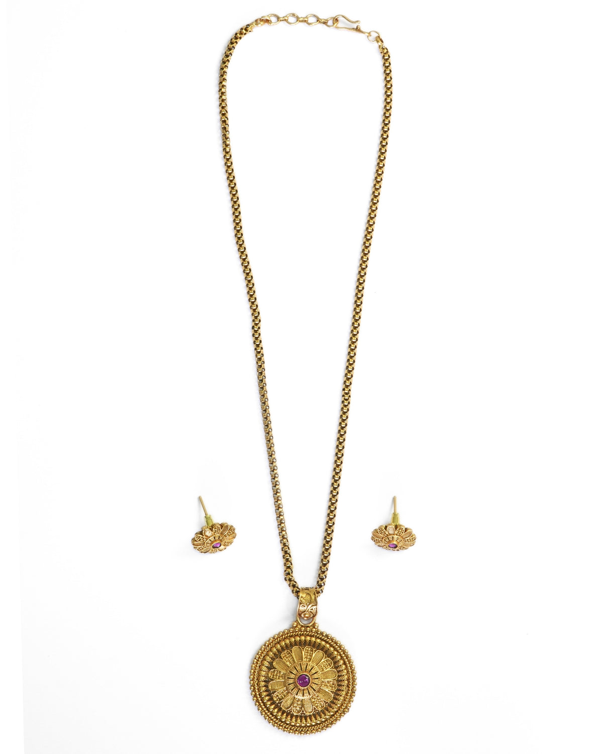 Round Ruby Stone Gold-Plated Pendant Necklace Set