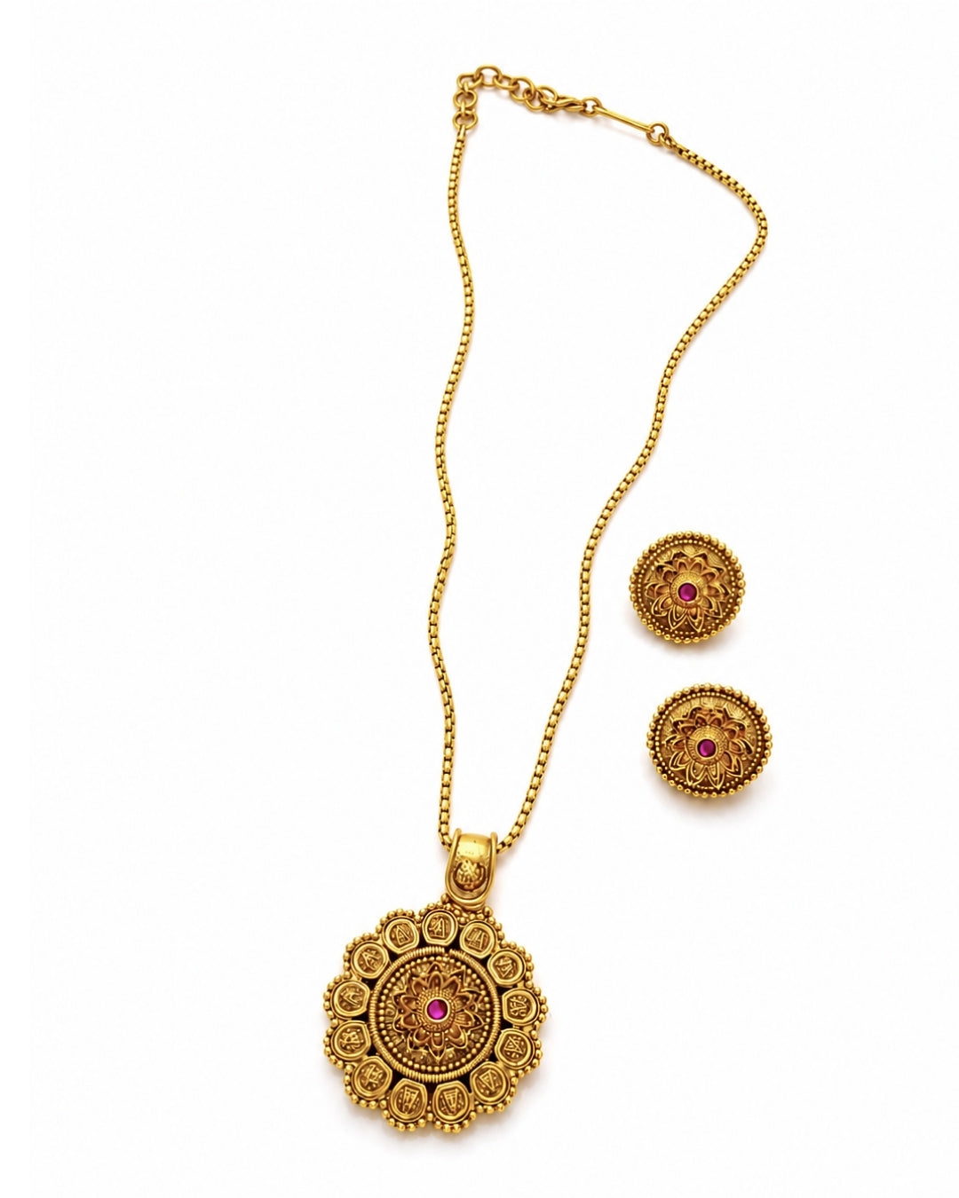Floral Ruby Pendant Gold-Plated Necklace Set