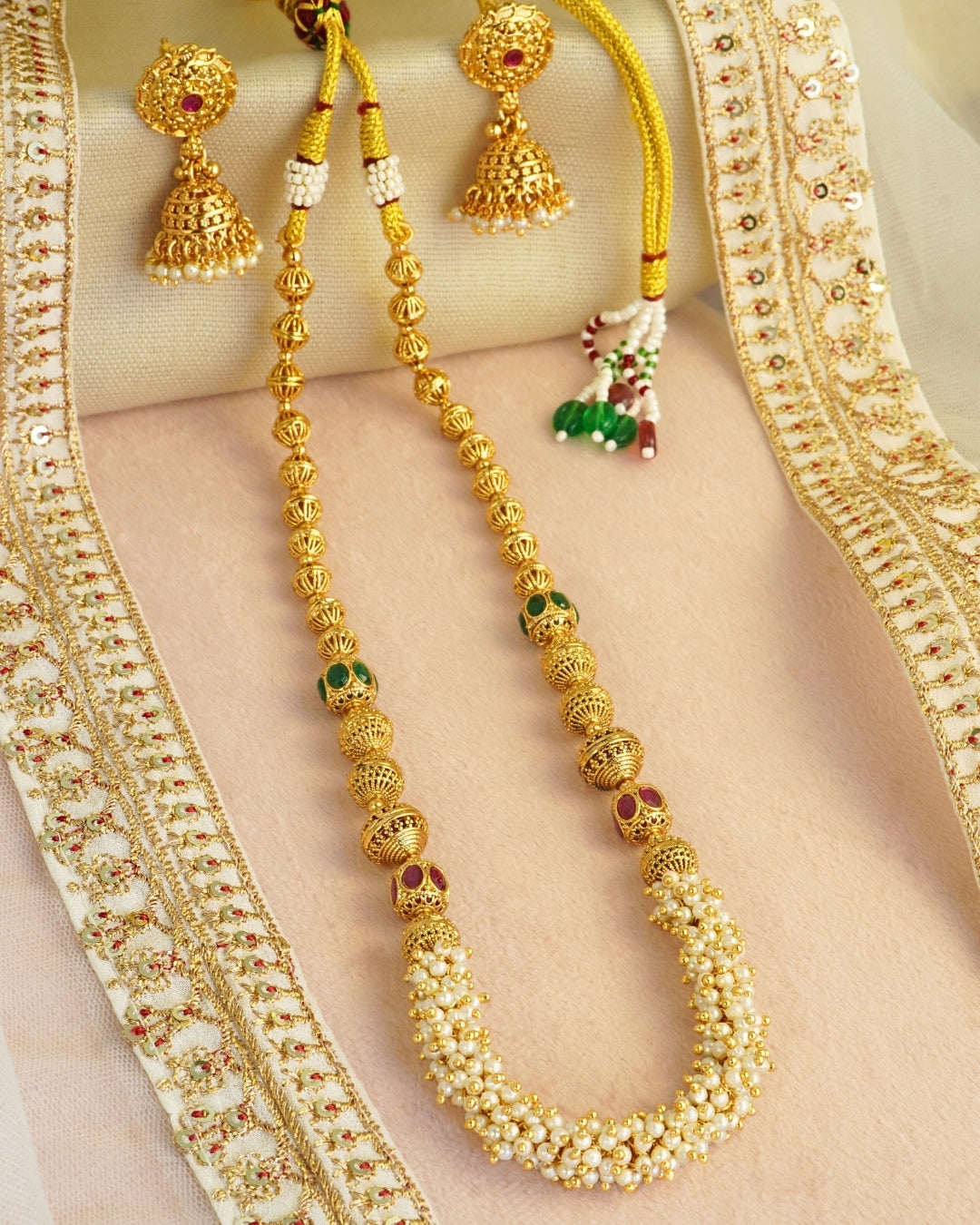 Oval Long Gold-Plated White Beaded Stone Necklace Set