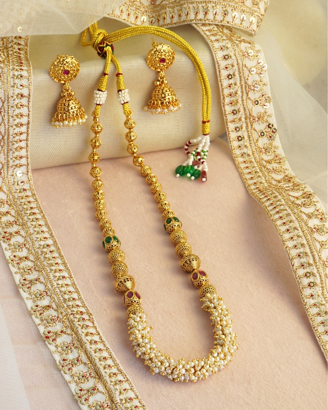 Oval Long Gold-Plated White Beaded Stone Necklace Set