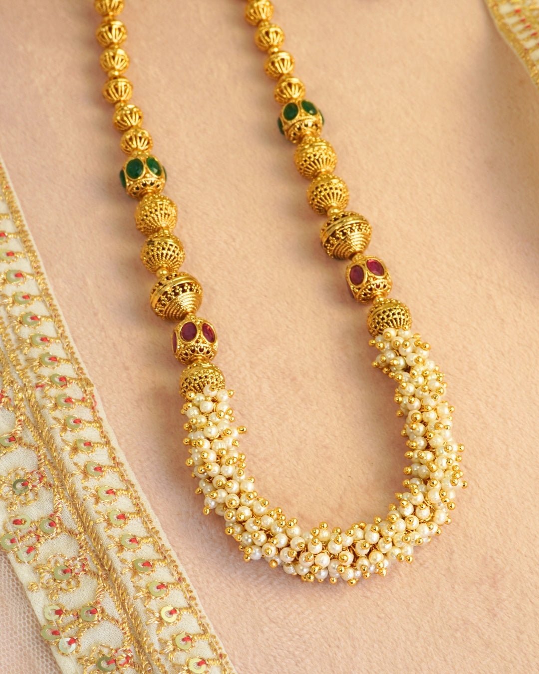 Oval Long Gold-Plated White Beaded Stone Necklace Set