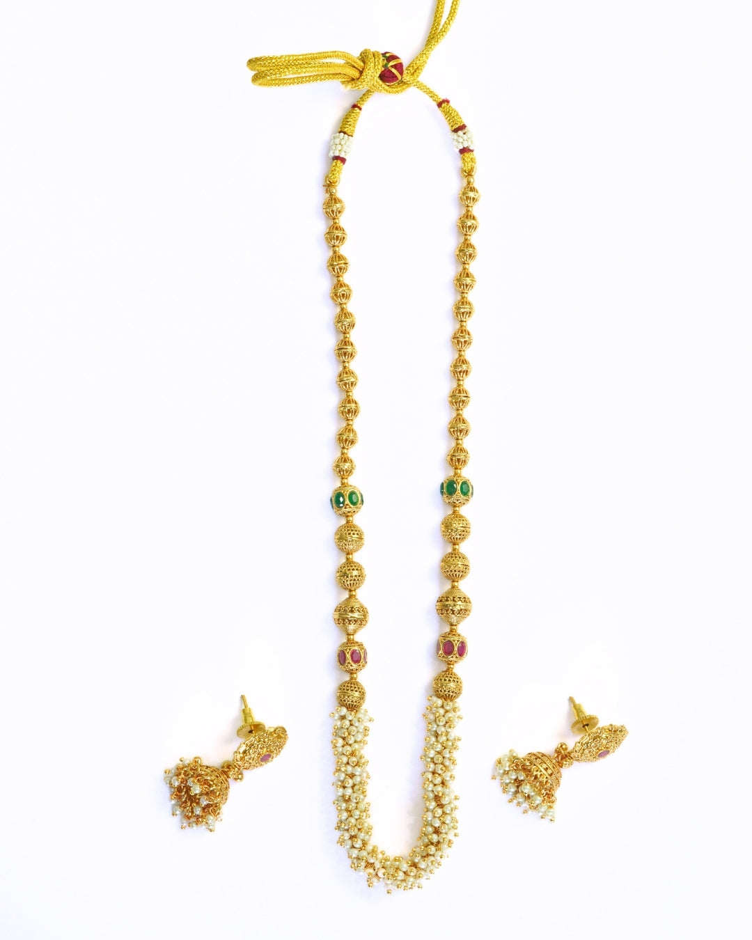 Oval Long Gold-Plated White Beaded Stone Necklace Set