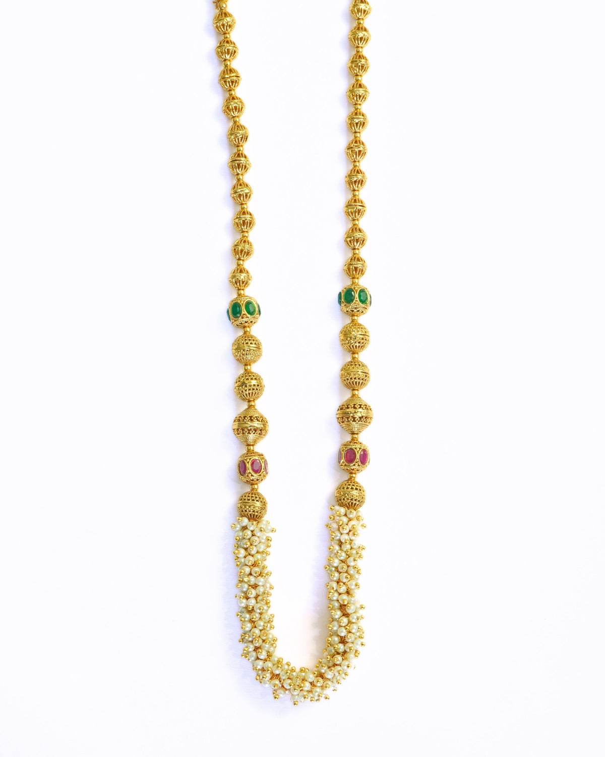 Oval Long Gold-Plated White Beaded Stone Necklace Set