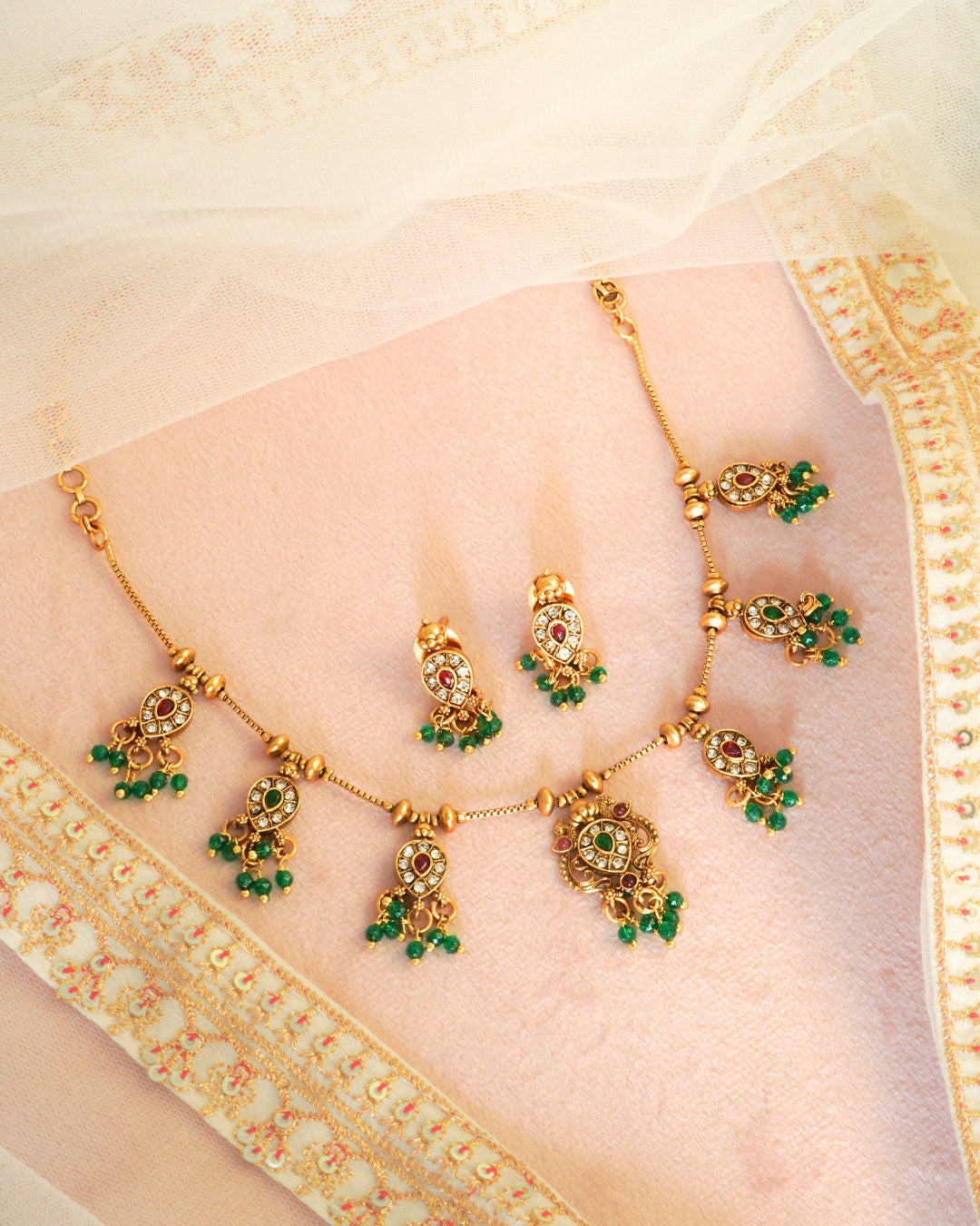 Gold-Plated Green Red Stone & Beaded Necklace Set