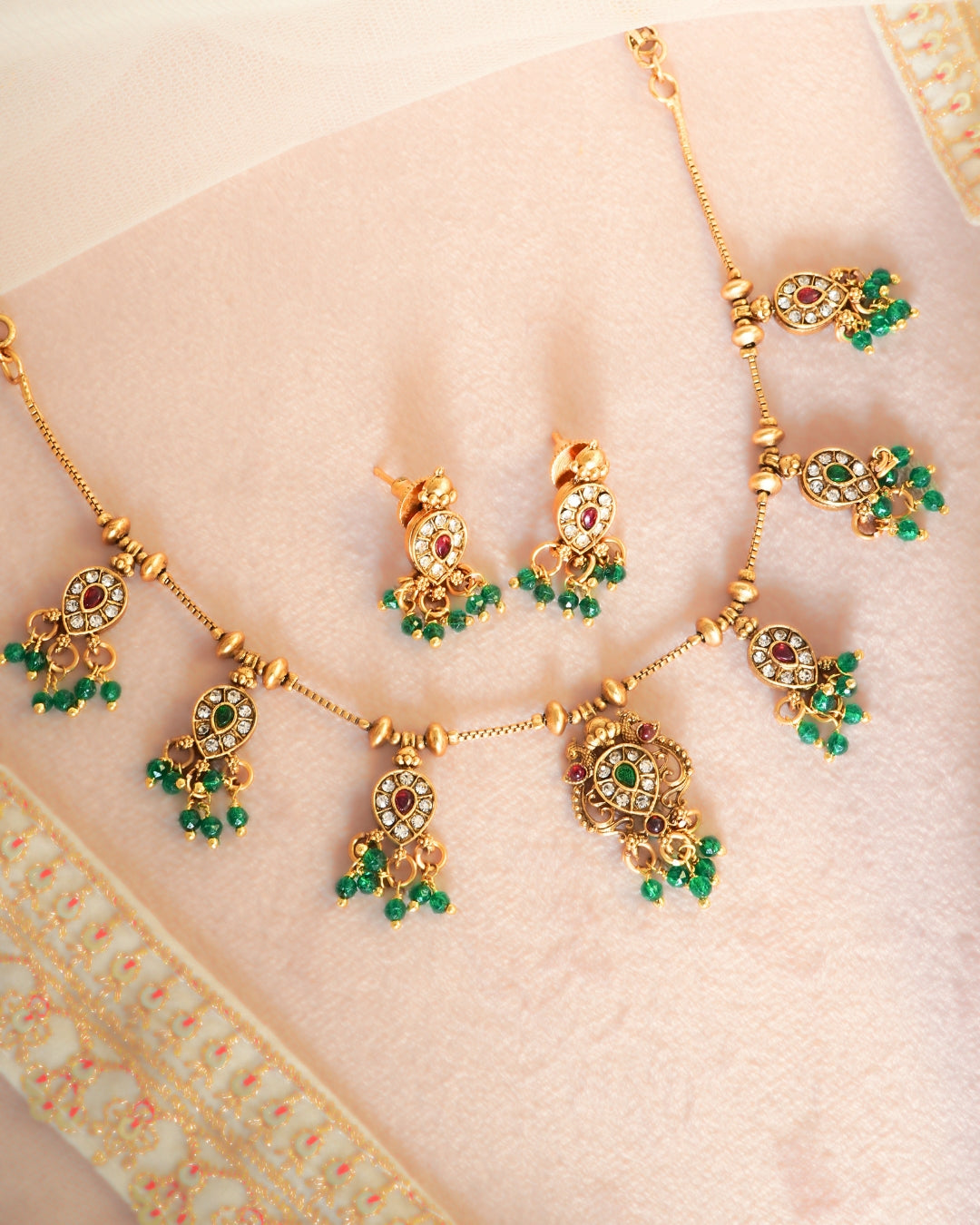 Gold-Plated Green Red Stone & Beaded Necklace Set