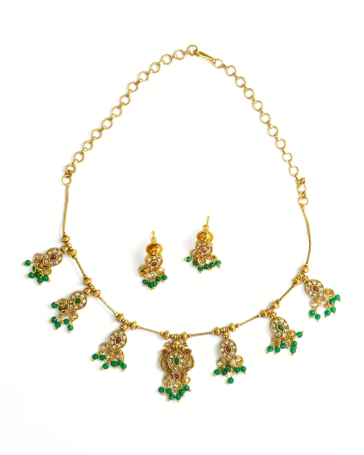 Gold-Plated Green Red Stone & Beaded Necklace Set