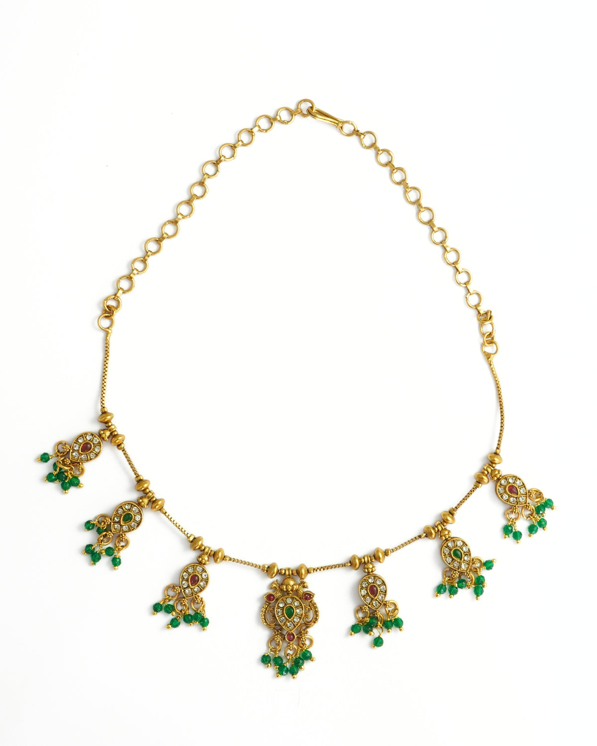 Gold-Plated Green Red Stone & Beaded Necklace Set