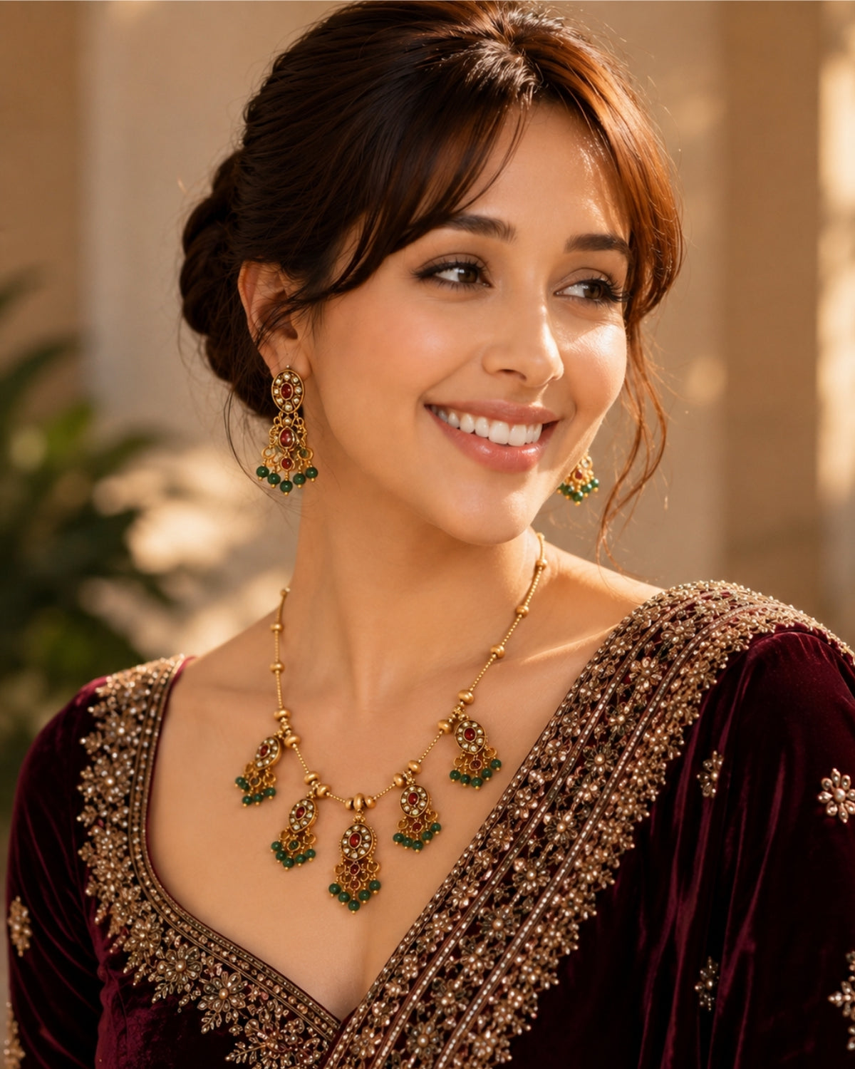 Gold-Plated Green Red Stone & Beaded Necklace Set
