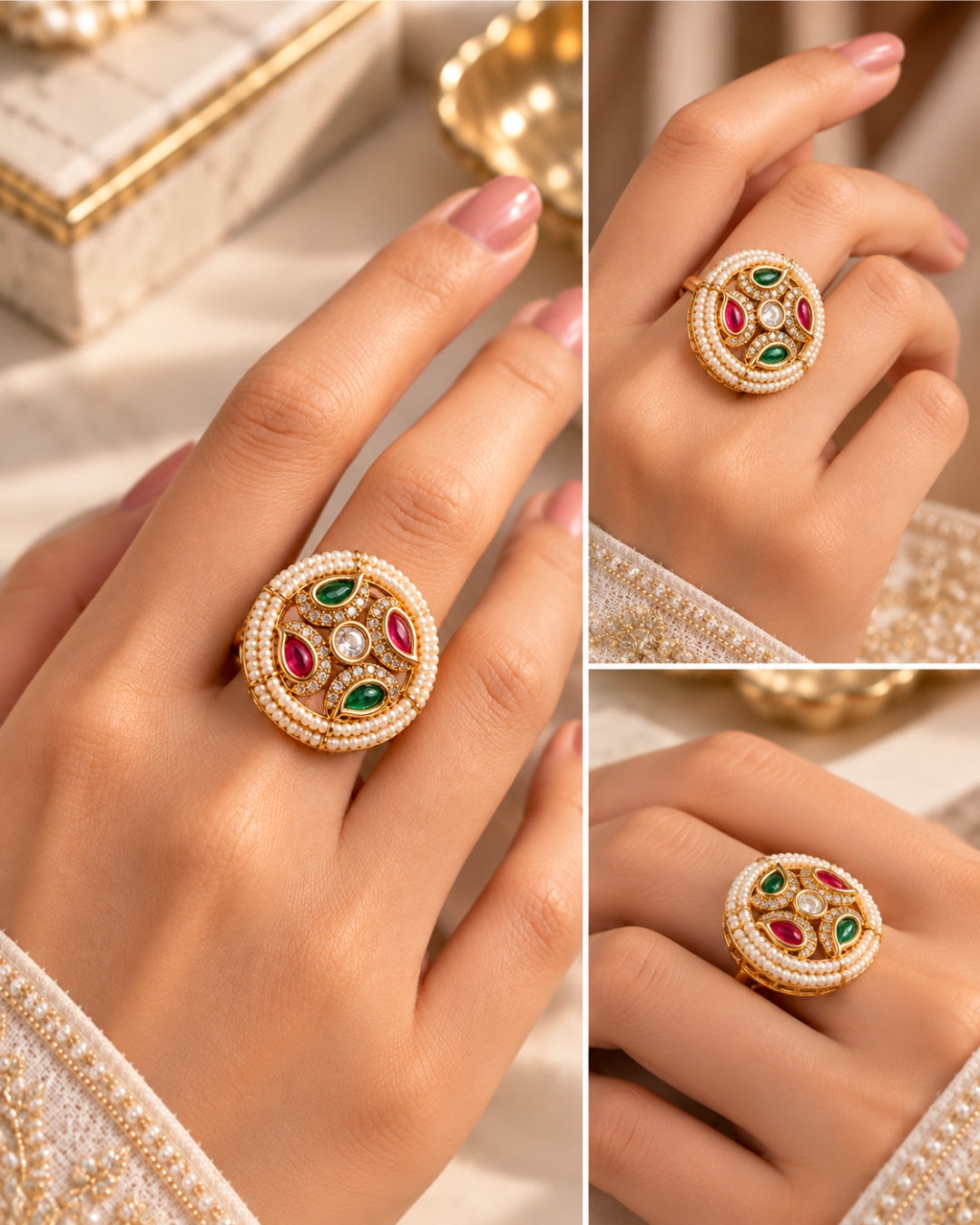 Round Pearl American Diamond Multicolour Ring