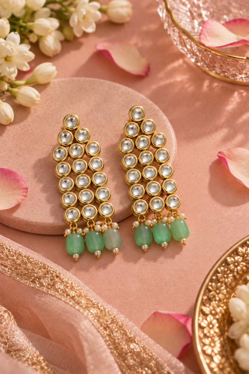 Geometric Kundan Studded Mint Green Beaded Earrings