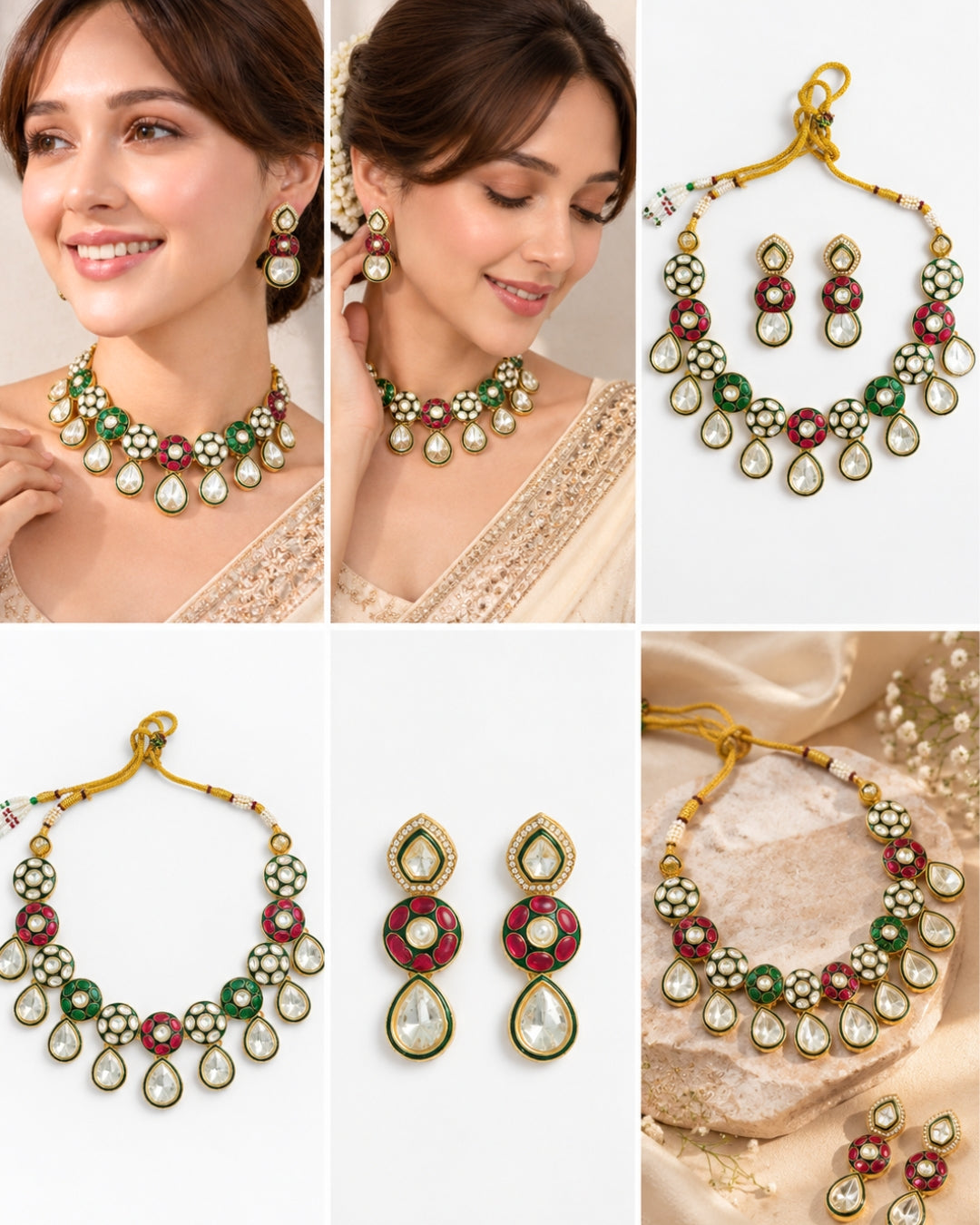 Gold Plated Kundan, Red & Green stone Gold Plated Necklace Set
