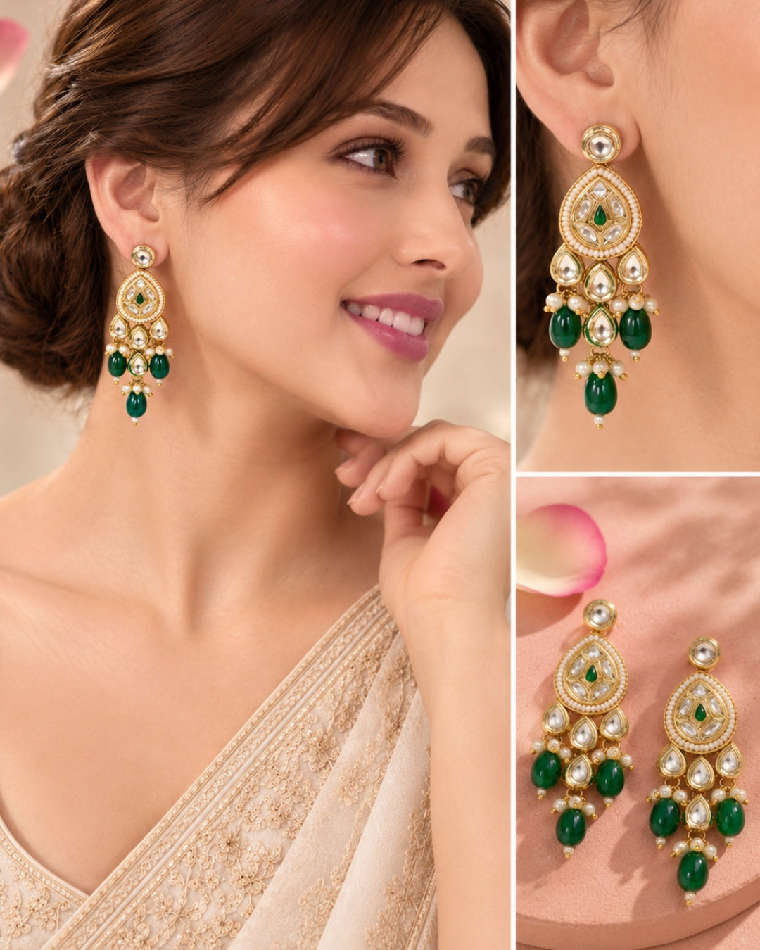 Gold Plated Kundan Teardrop Earrings with Green Beads
