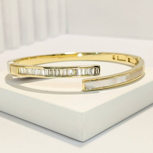 PRIMA DONNA SERIES - 18k Gold Plated Mother of Pearl and 5A Cubic Zirconia Top Over Bracelet