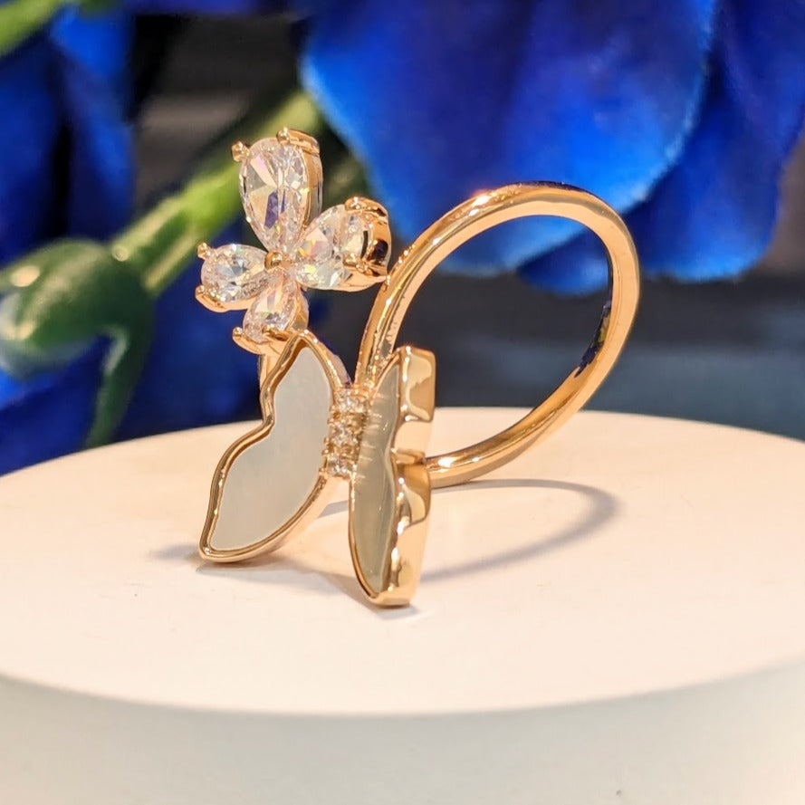 PRIMA DONNA SERIES - Rose Gold Plated Mother of Pearl Butterfly with 5A Zirconia Flower Brass Adjustable Finger Ring