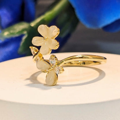 PRIMA DONNA SERIES - Mother Of Pearl Dual Flowers with 5A Zirconia 18K Gold Plated Adjustable Finger Ring