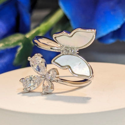 PRIMA DONNA SERIES - Rhodium Plated Mother of Pearl Butterfly with 5A Zirconia Flower Adjustable Finger Ring