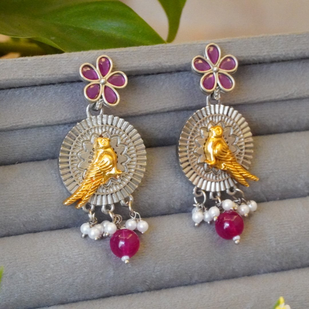 Beautifully Crafted Dual Toned Floral & Bird Motif, Crystal Bead Accents & Delicate Pearls Oxidized Earrings