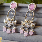 Bold Oxidized Dangler Earrings with Pink Stone & Pearls