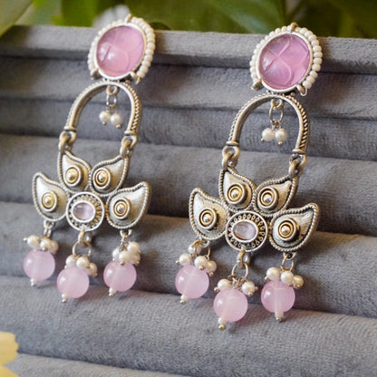 Large Dangler Statement Oxidized Earrings with Pink Jaipur Stone, Opulent Pearls n Crystal Beads