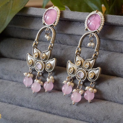 Large Dangler Statement Oxidized Earrings with Pink Jaipur Stone, Opulent Pearls n Crystal Beads