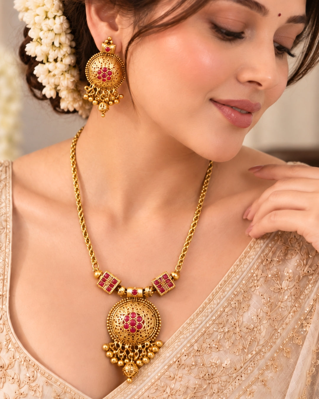 Gold Round Pink Stone & Beaded Pendant Necklace Set
