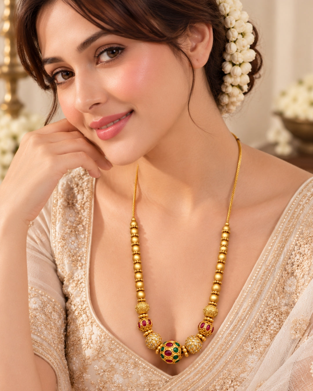 Circular Beaded AD & Stone Chain Necklace