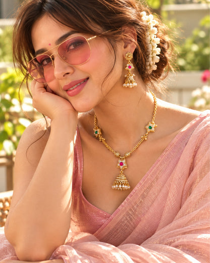 Green & Red Star Chain Jhumka Jewellery Set