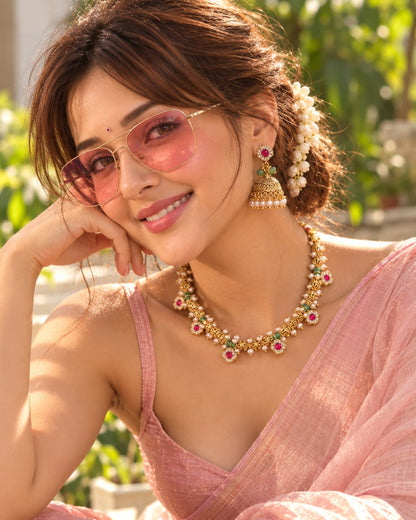 Golden & Mint Green Beaded AD & Ruby studded necklace set with Jhumka