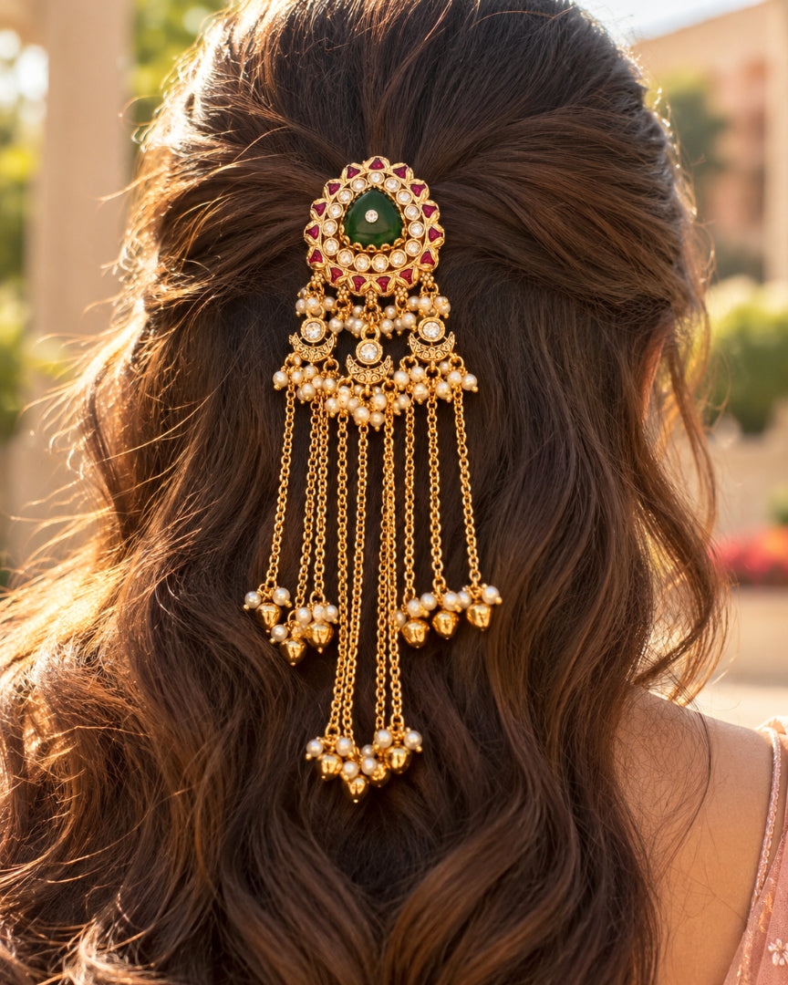22K Micron Gold Plated Pearl Beaded Festive Hair Accessory with Floral Detail