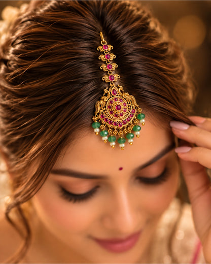 Traditional Gold-Plated Green Beaded & Red Stone Maang Tikka
