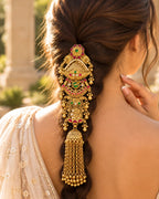 22K Micron Gold Plated Bridal Pearl & Stone Beaded Hair Accessory with Jhumka Drops