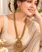 Traditional 22K Micron Gold Plated Long Heritage Necklace Set with Heavy Circular Pendant