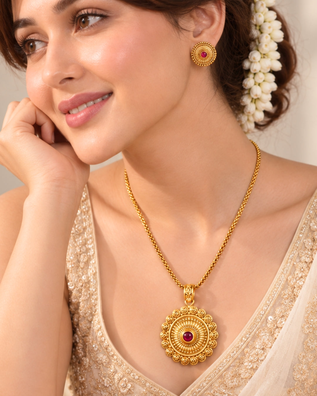 Gold Plated Ruby Pendant Necklace Set with Round Earrings