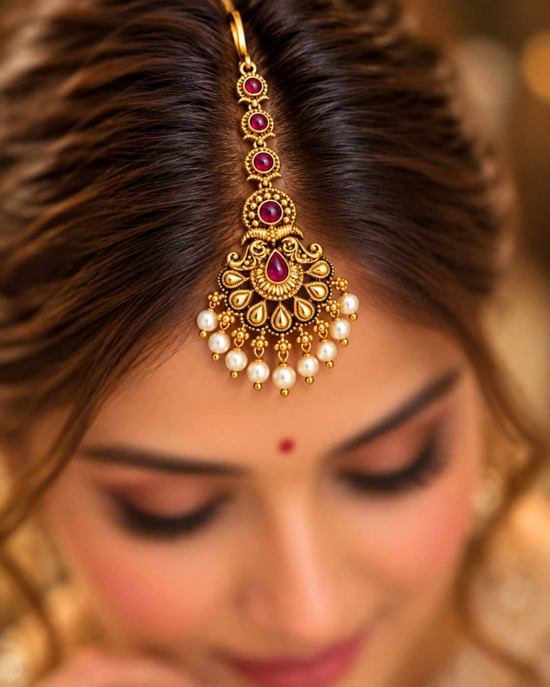 Gold-Plated Ruby Studded off White Beads Maang Tikka