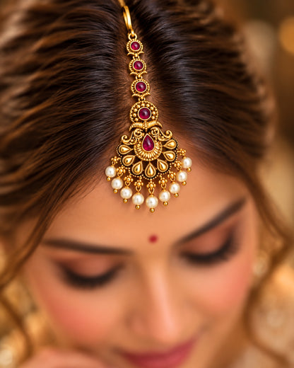 Gold-Plated Ruby Studded off White Beads Maang Tikka