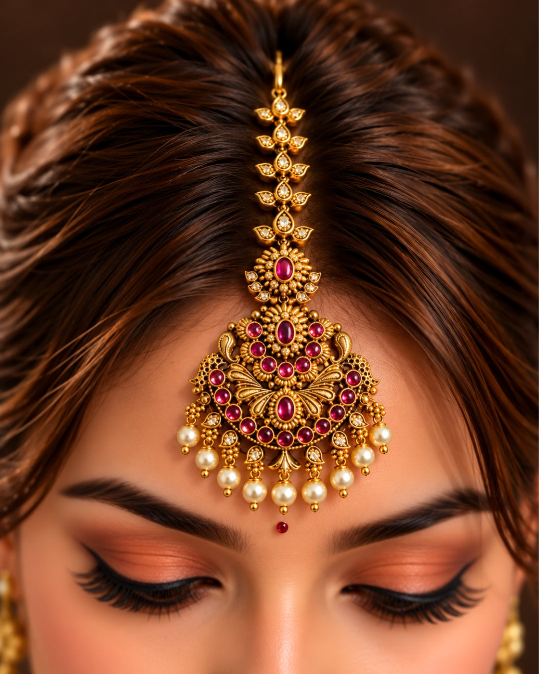 Red Stone Studded & Off-White Beaded Maang Tikka