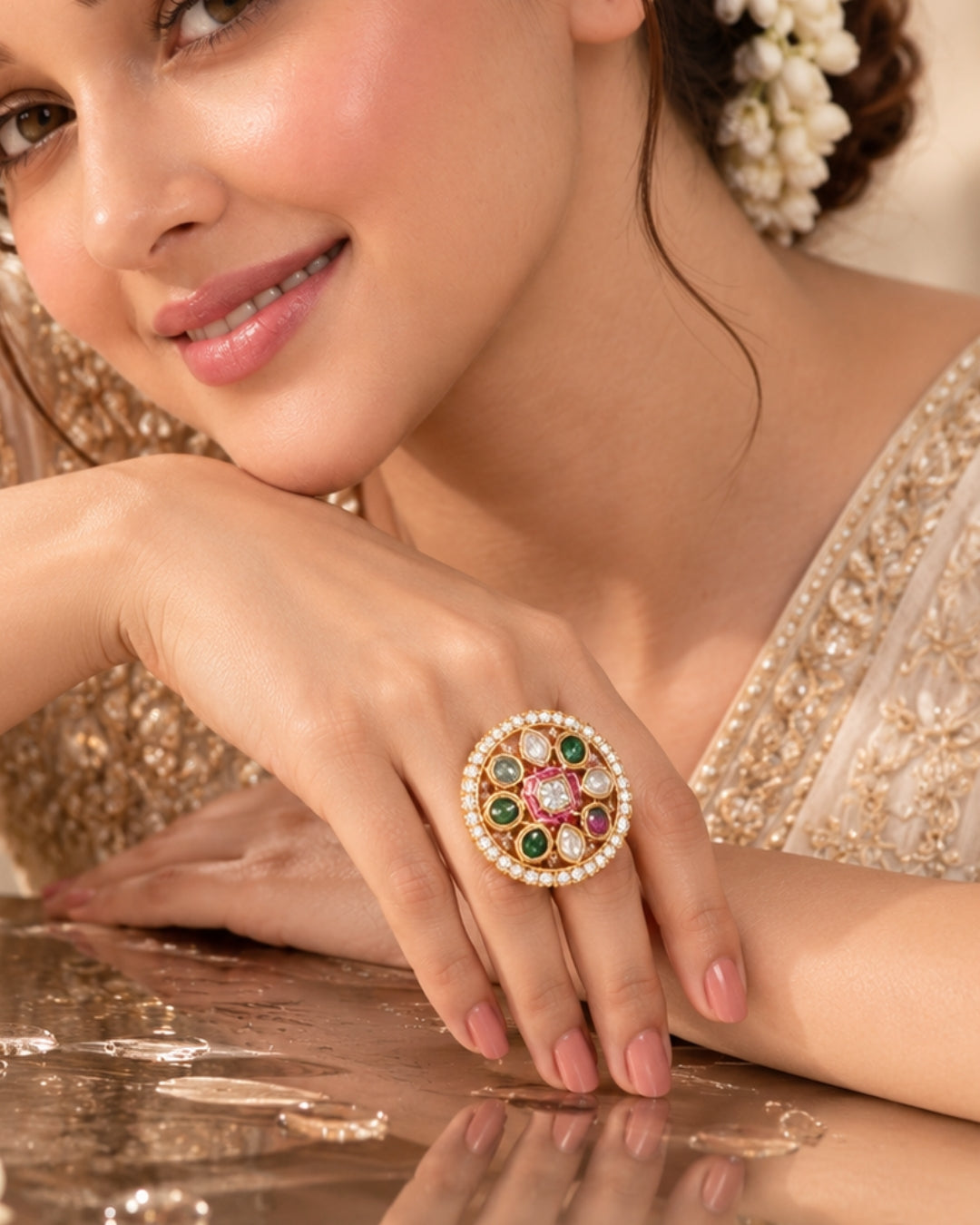 Round AD Multicolour Stone Gold-Plated Ring