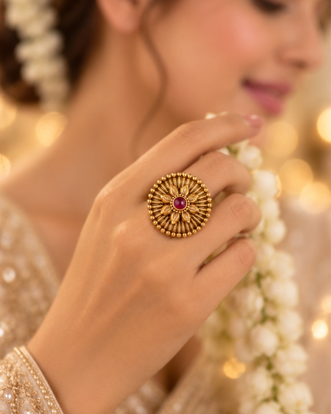 Floral-Designed Gold-Plated Round Ruby Studded Ring